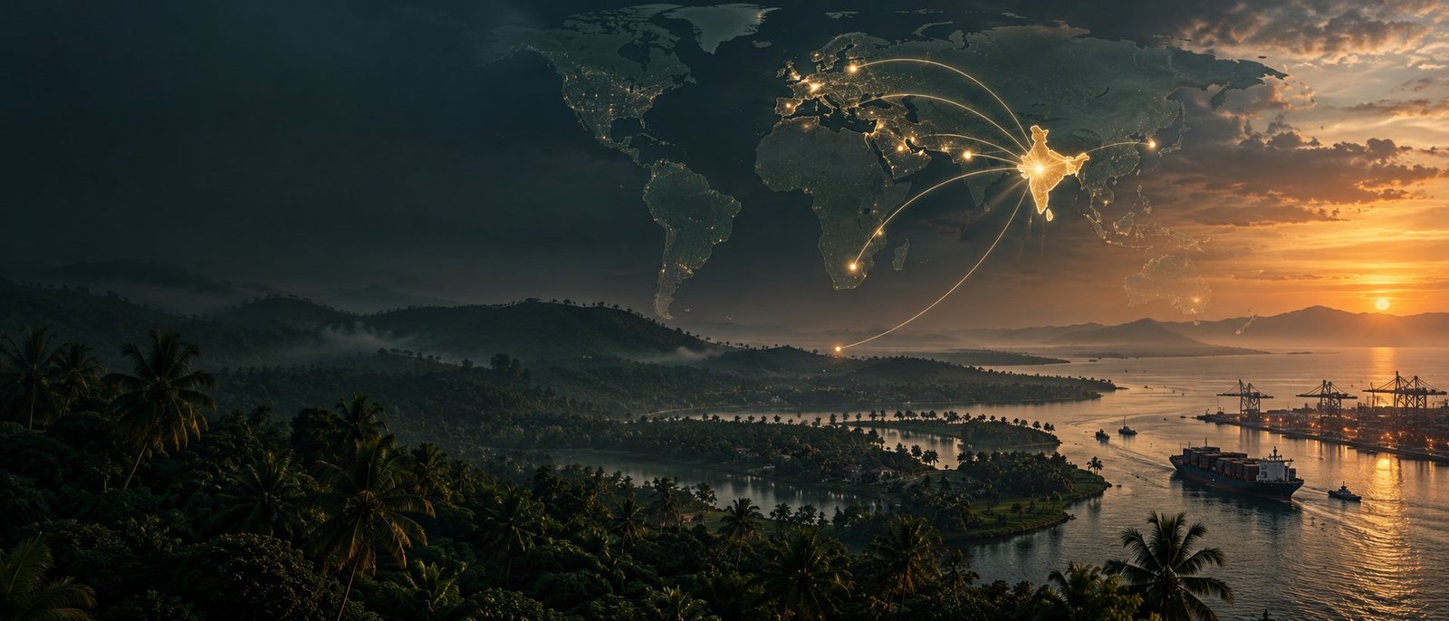 Global export routes connecting India with GCC, Europe and Africa, viewed over the Kerala coastline