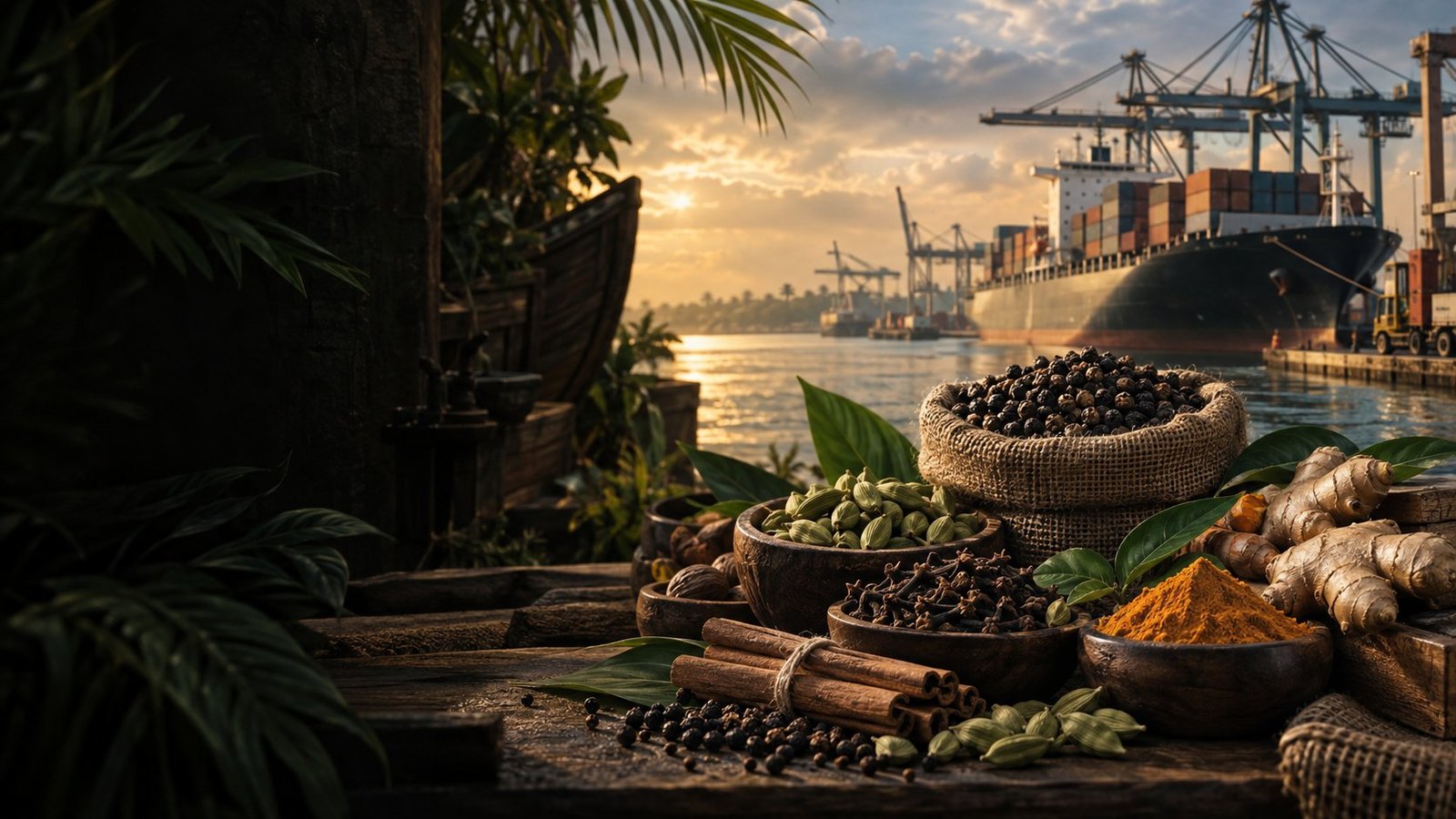 Indian spices and export products prepared for international trade, with a cargo ship in the background