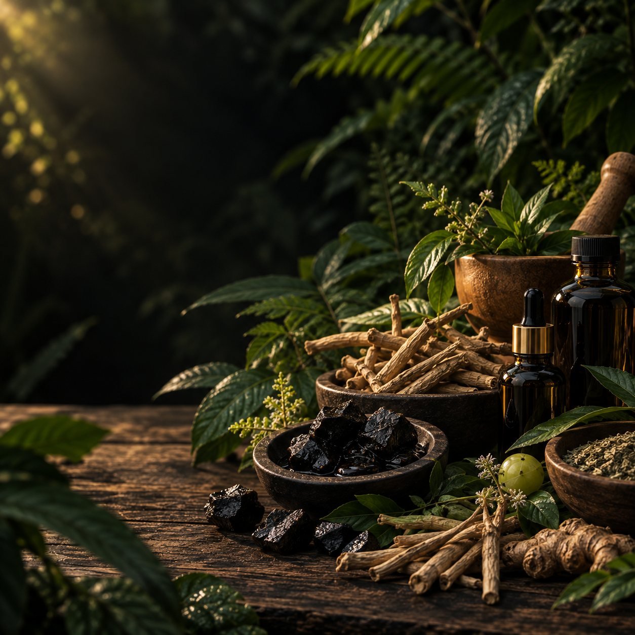 Ashwagandha, shilajit and natural Ayurvedic wellness ingredients
