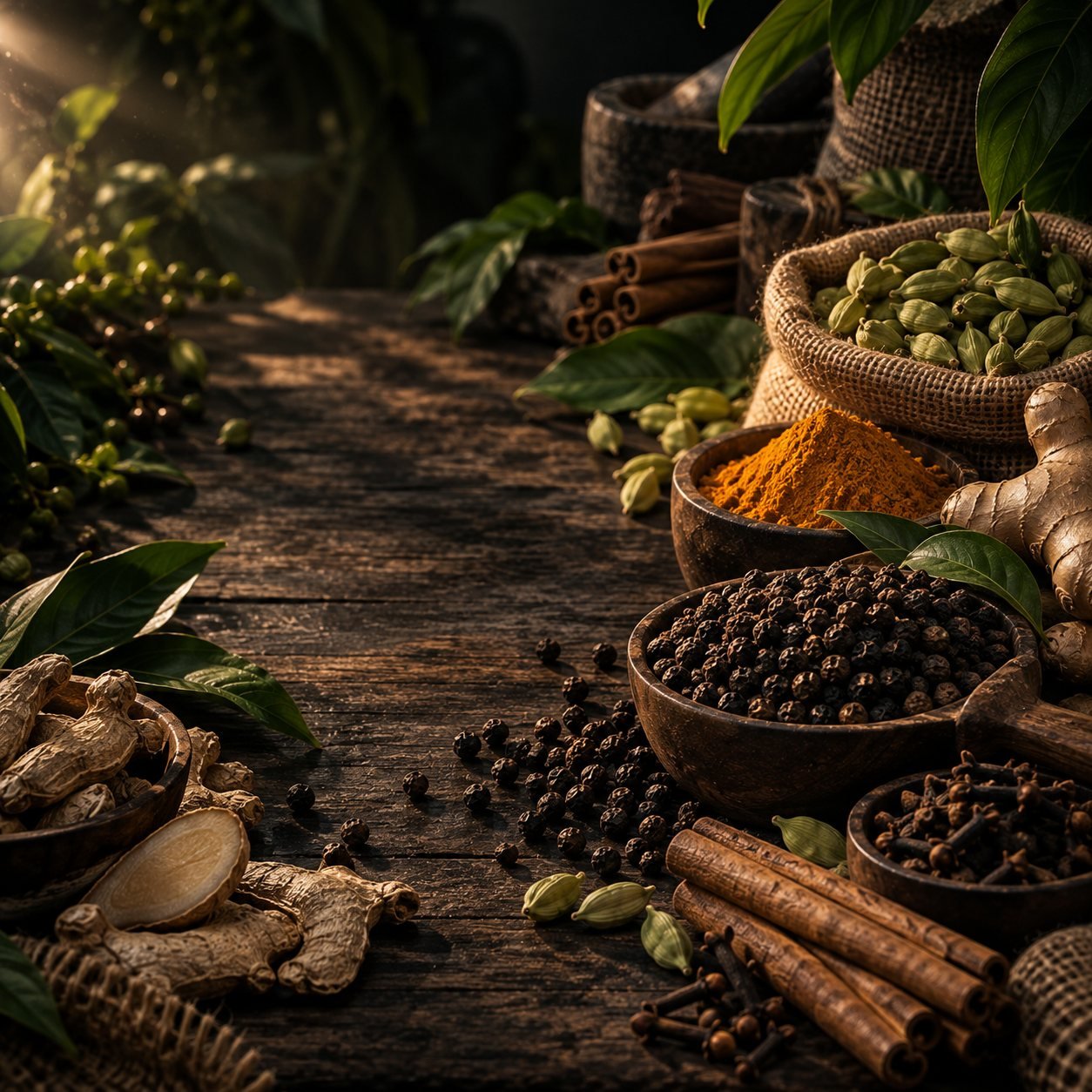 Indian spices including cardamom, black pepper, cinnamon and turmeric